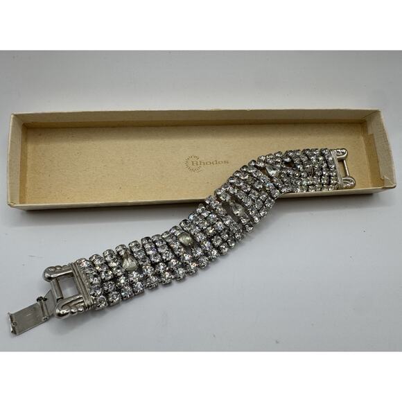 Rhodes Vintage Wide Rhinestone Bracelet 1950s Bride Era Chunky Hollywood Regency - Picture 8 of 16